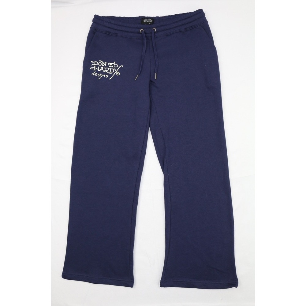Ed Hardy Womens Broken Hearts  Sweatpants Wide Leg Y2K Navy Eclipse L  Fleece - Picture 2 of 16
